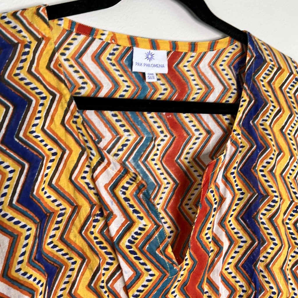 Pax Philomena Nizhoni Yellow Multi Color Zig Zag Print Kaftan Dress With Tassels — image 5 of 8